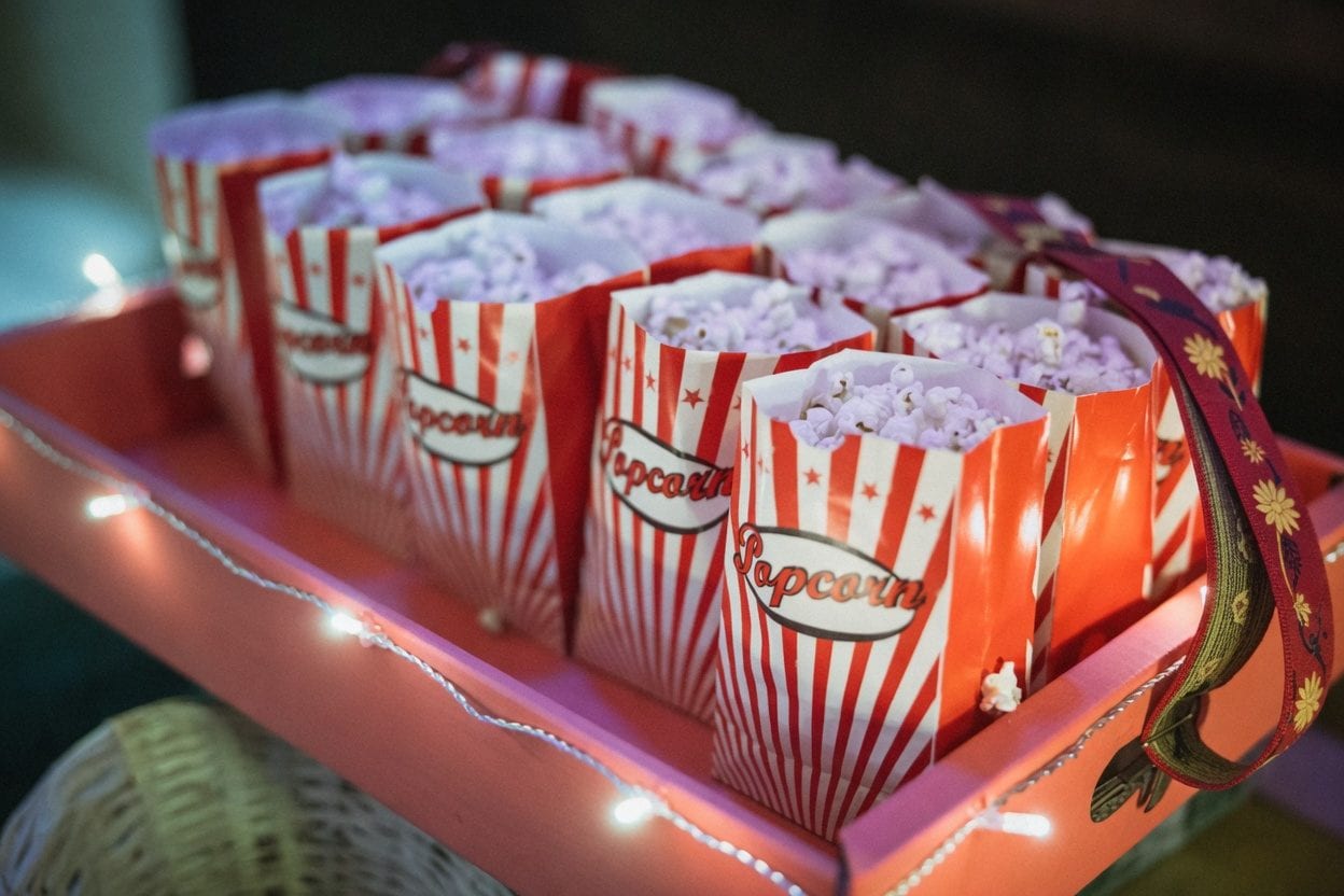 Popcorn bucket with festive holiday decorations