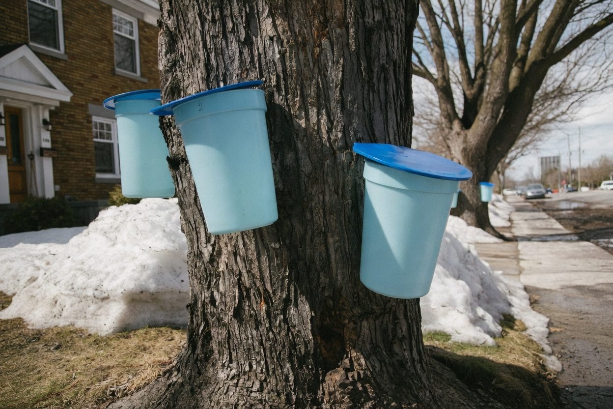 Maple sap collection on a residential street in Ottawa during late winter