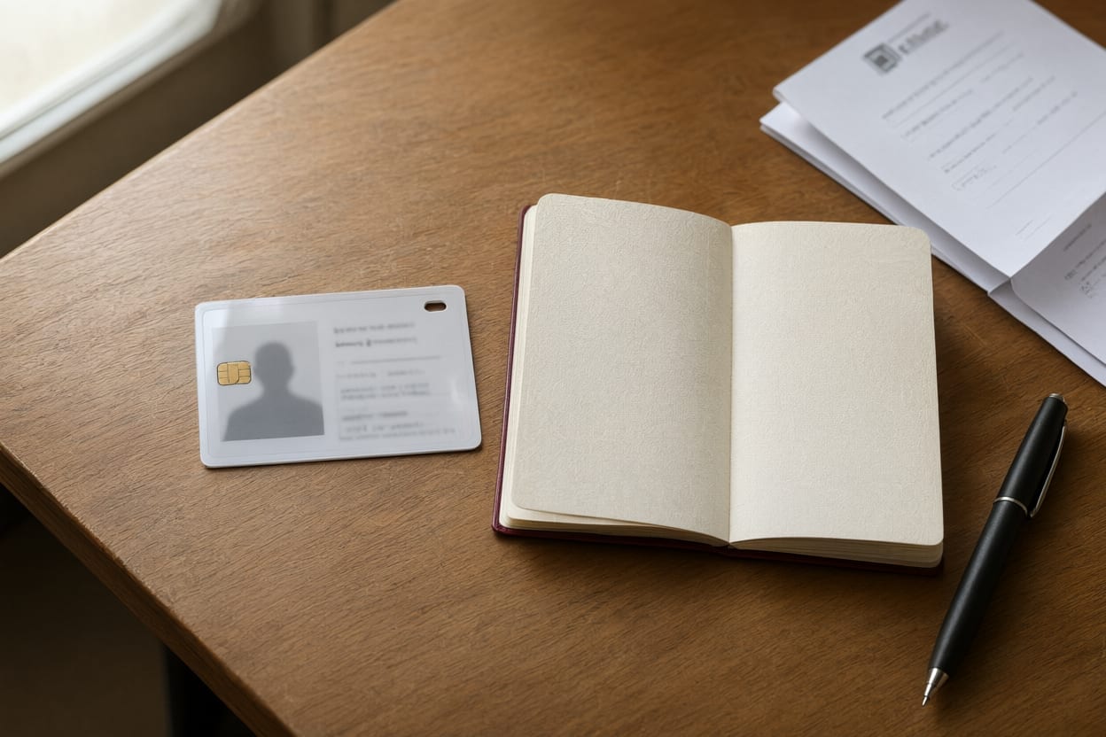 A photo identification card and a travel document laid out on a desk before an appointment