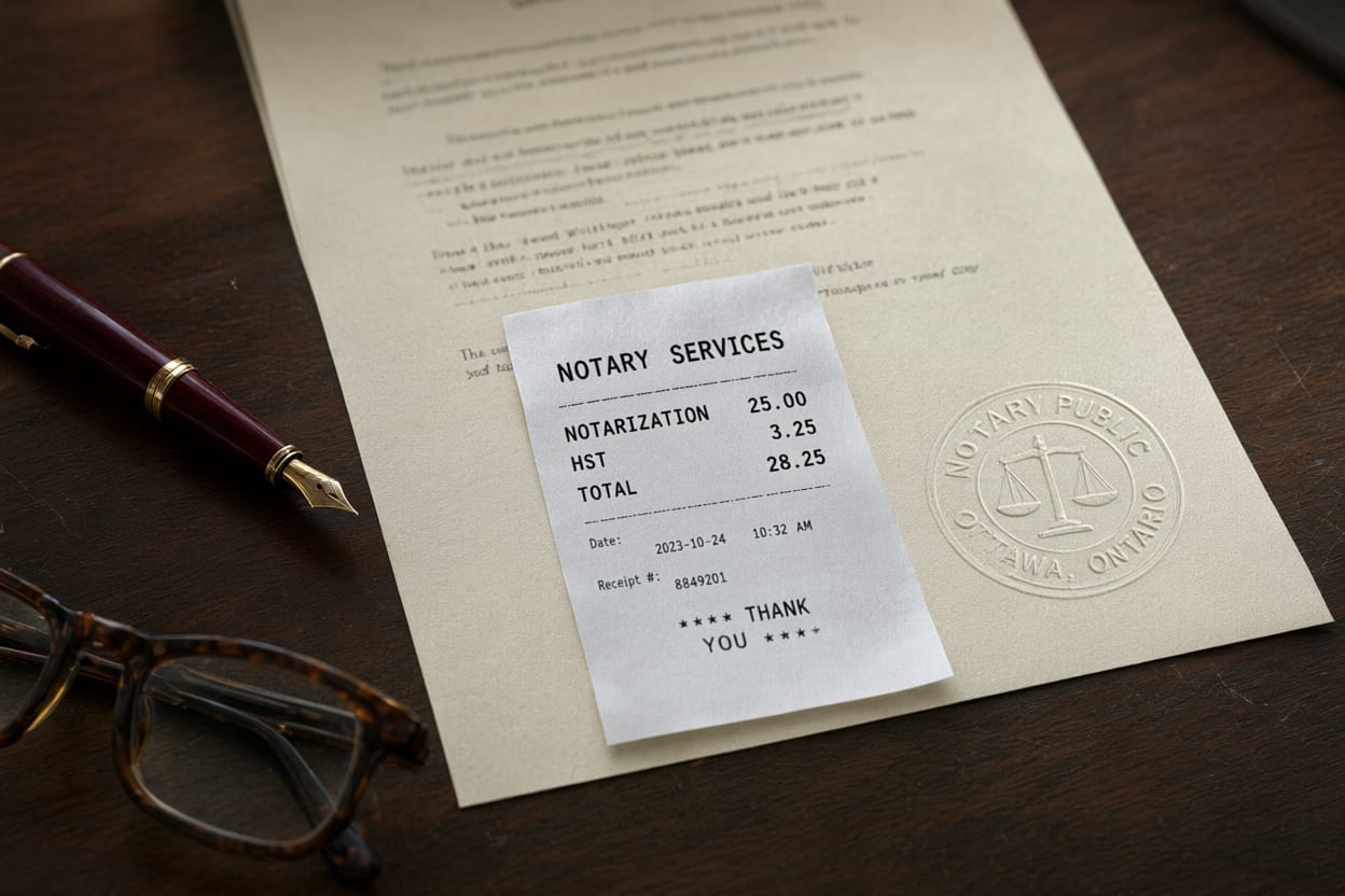 An itemized notary fee receipt resting on a document with an embossed seal