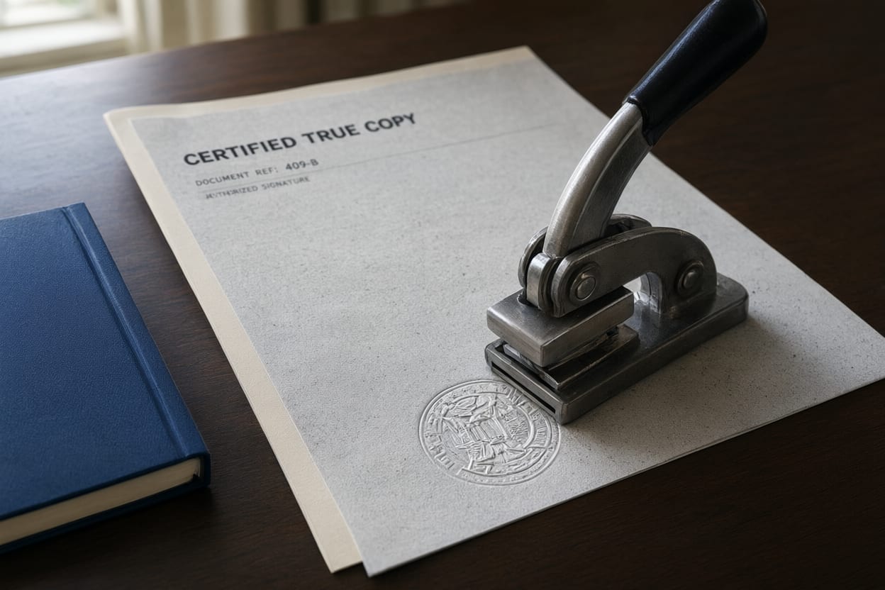 A notary seal pressed onto a certified copy beside the original document