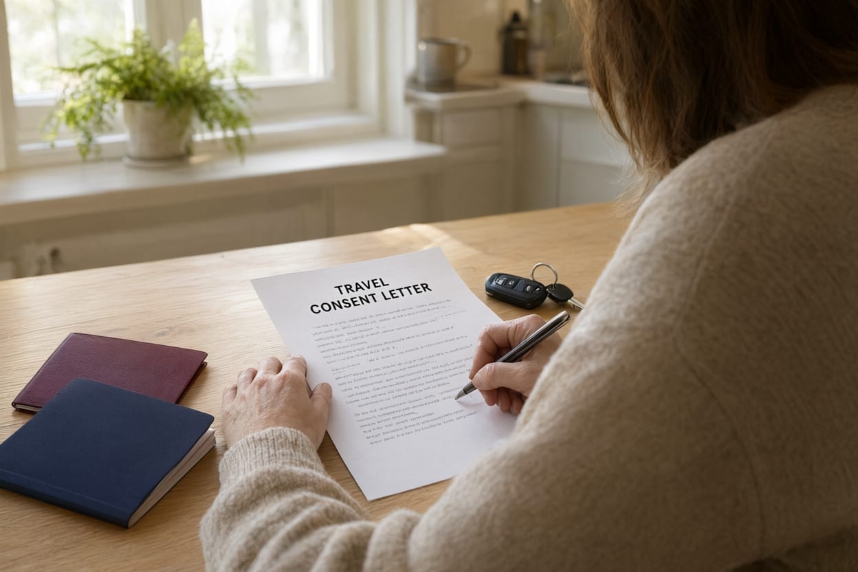 A parent completing a travel consent letter for a child at a kitchen table