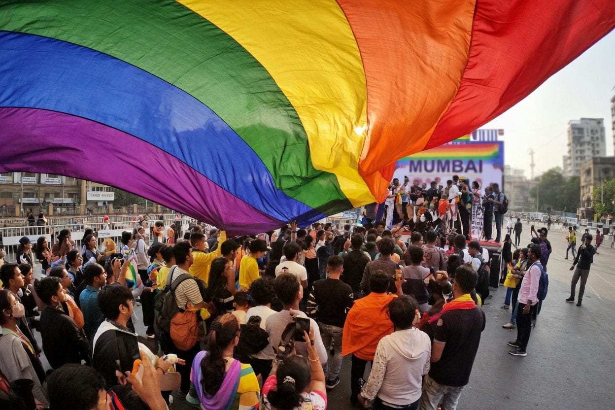 Colorful Pride Parade marching down Bank Street