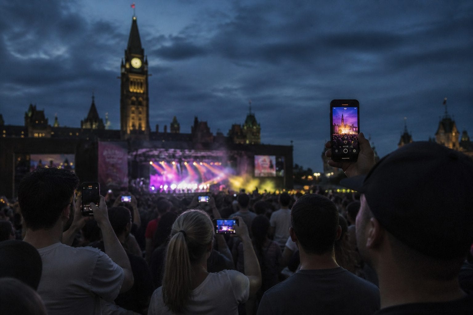 Outdoor concert at Major's Hill Park with Parliament Hill backdrop