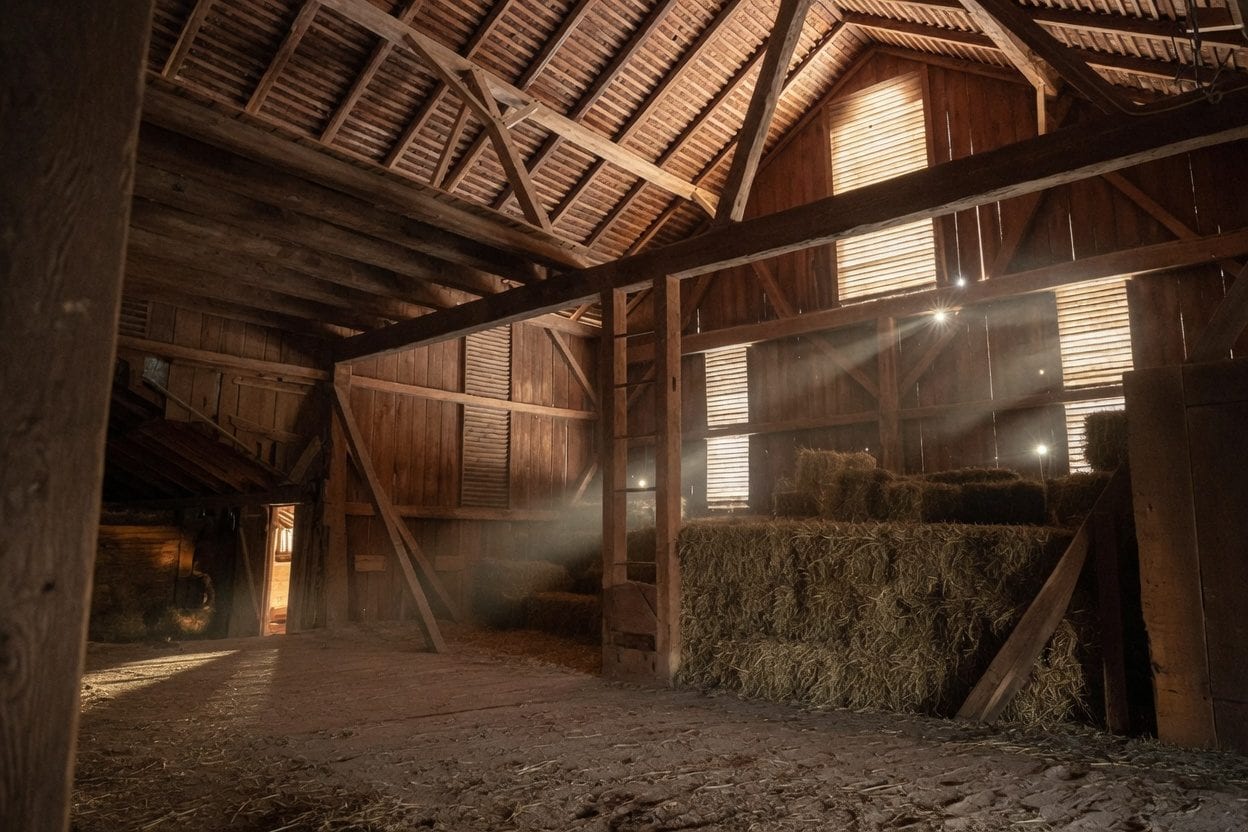 Barn interior with feeding stations