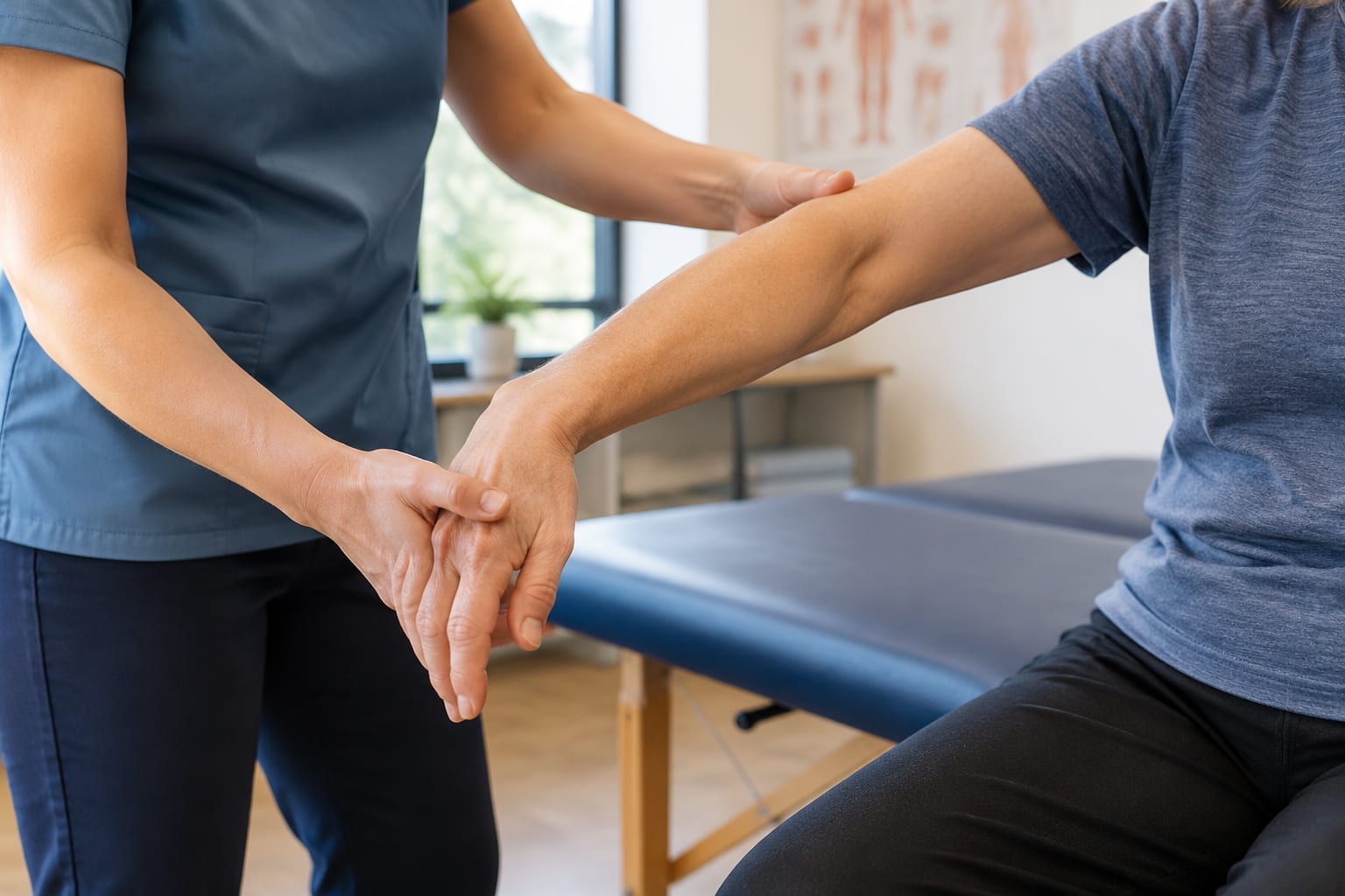 A physiotherapist's hands guiding a patient's arm through a gentle movement in a treatment room