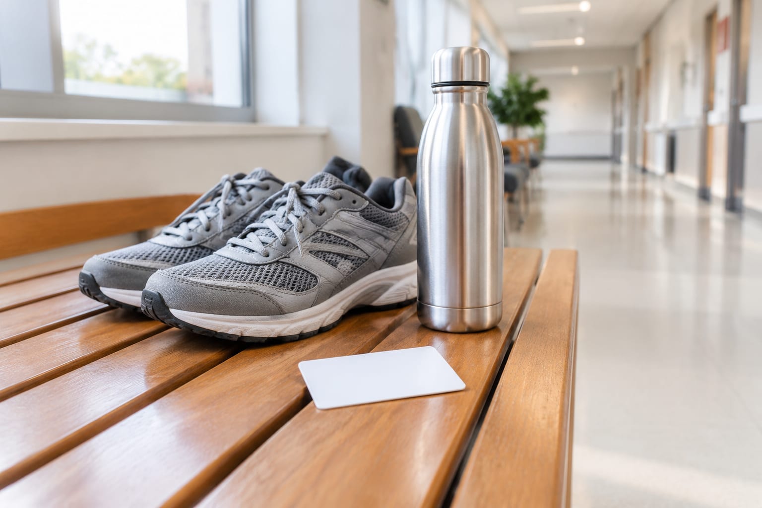 A folded health card, a pair of runners and a water bottle on a wooden bench in a bright hallway