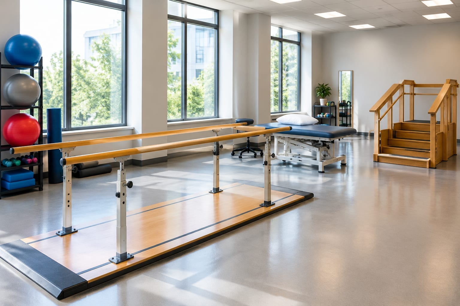 A physiotherapy gym with parallel bars, a mat table and exercise balls in soft daylight