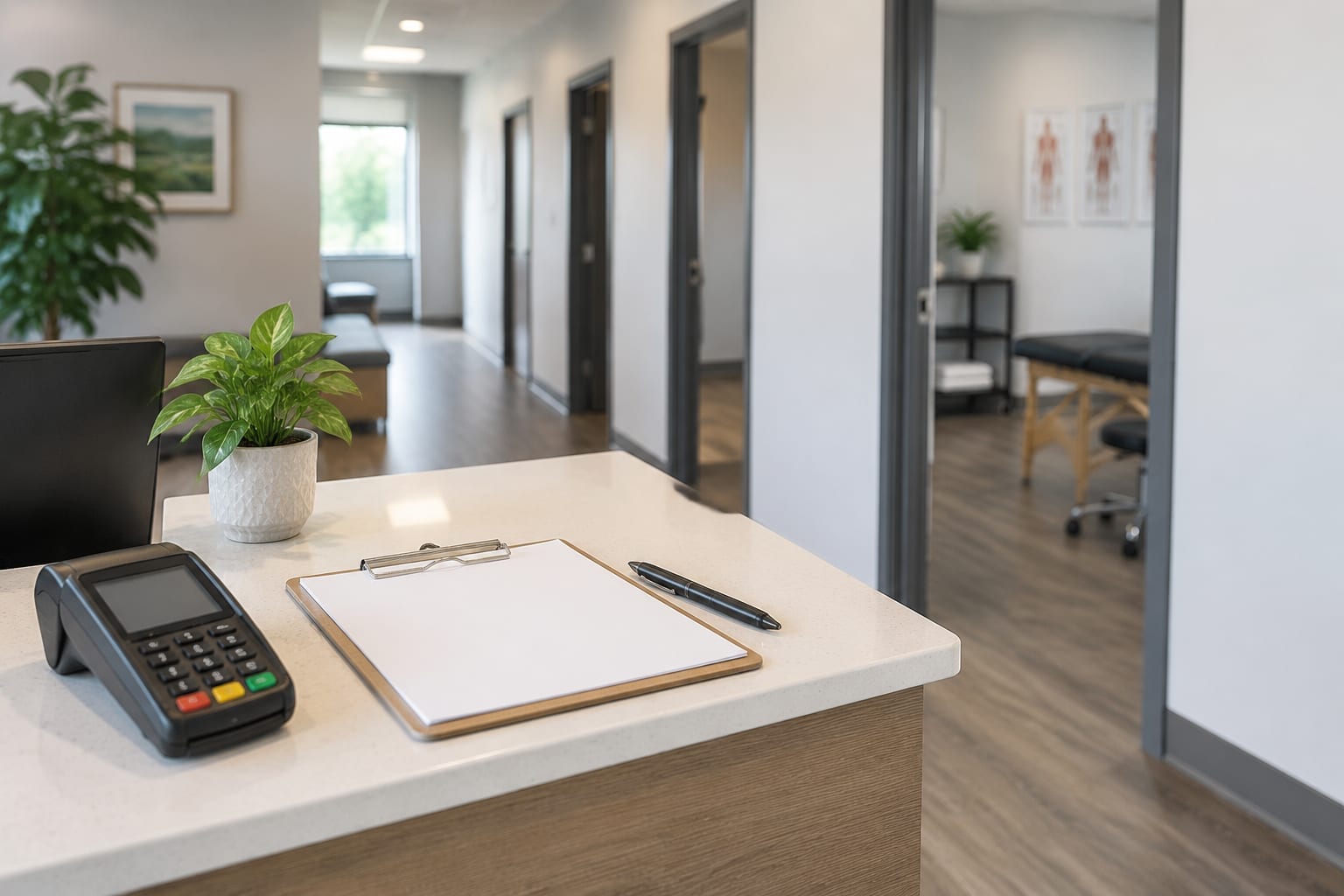 A clinic front desk with a card payment terminal, a blank clipboard and a small plant
