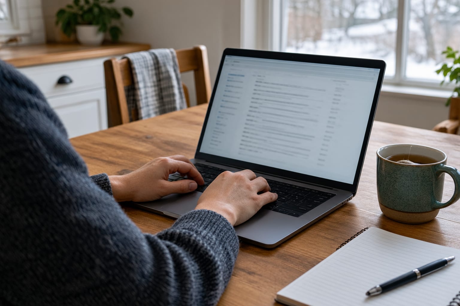 A person at a laptop on a kitchen table searching a plain list, with a notebook and a mug beside it