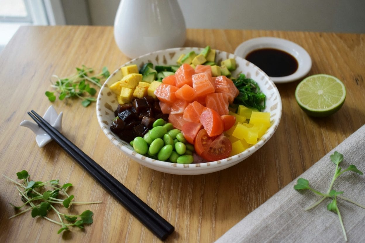 Build-your-own poke bowl ingredients lineup