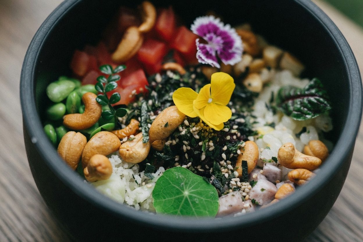 Suburban poke bowl on a kitchen counter