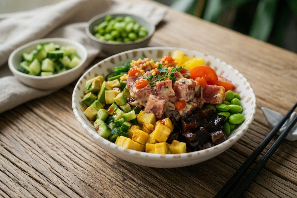 Poke bowls arranged for a side-by-side comparison