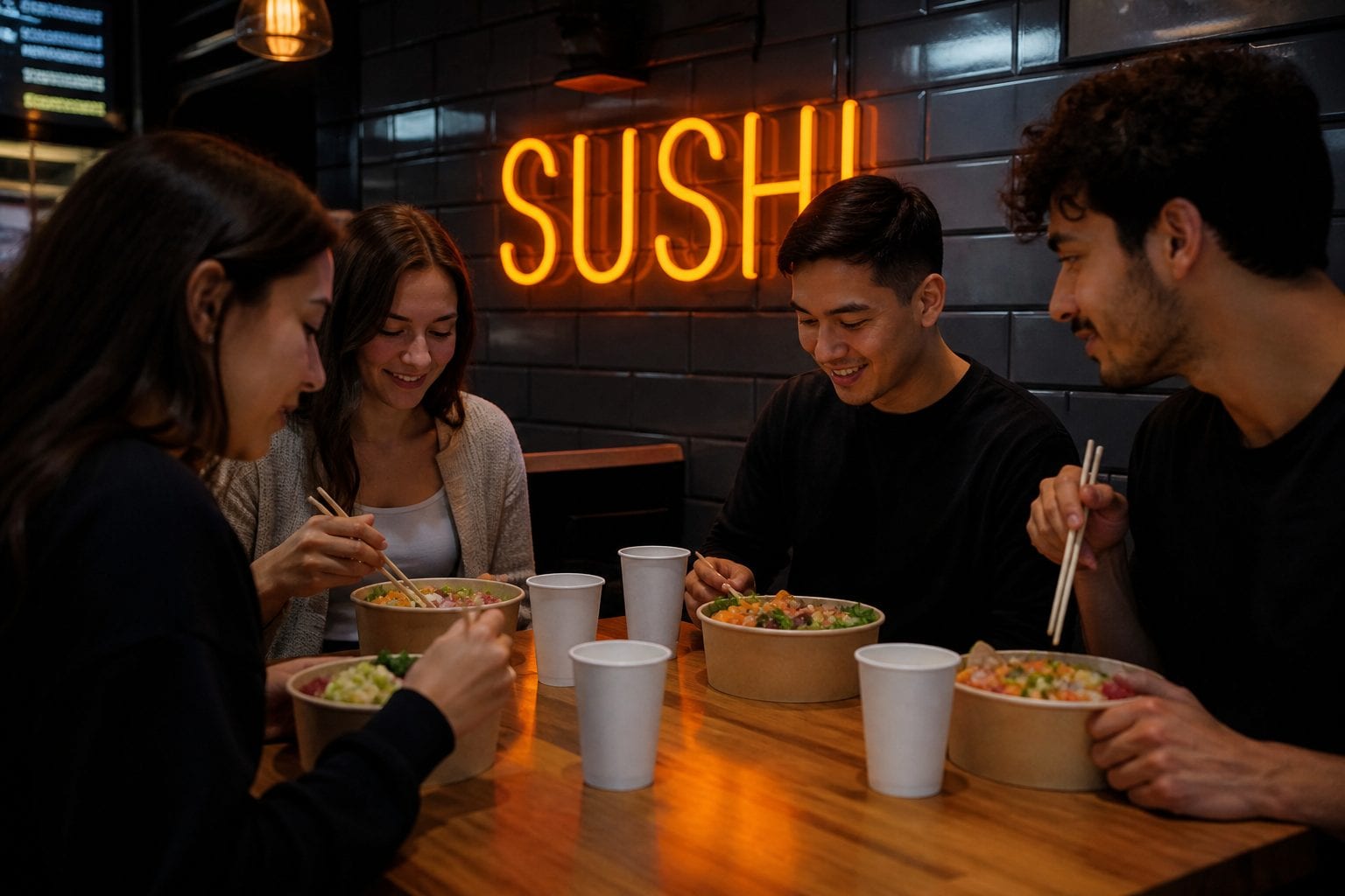 Group poke bowl order on a shared table
