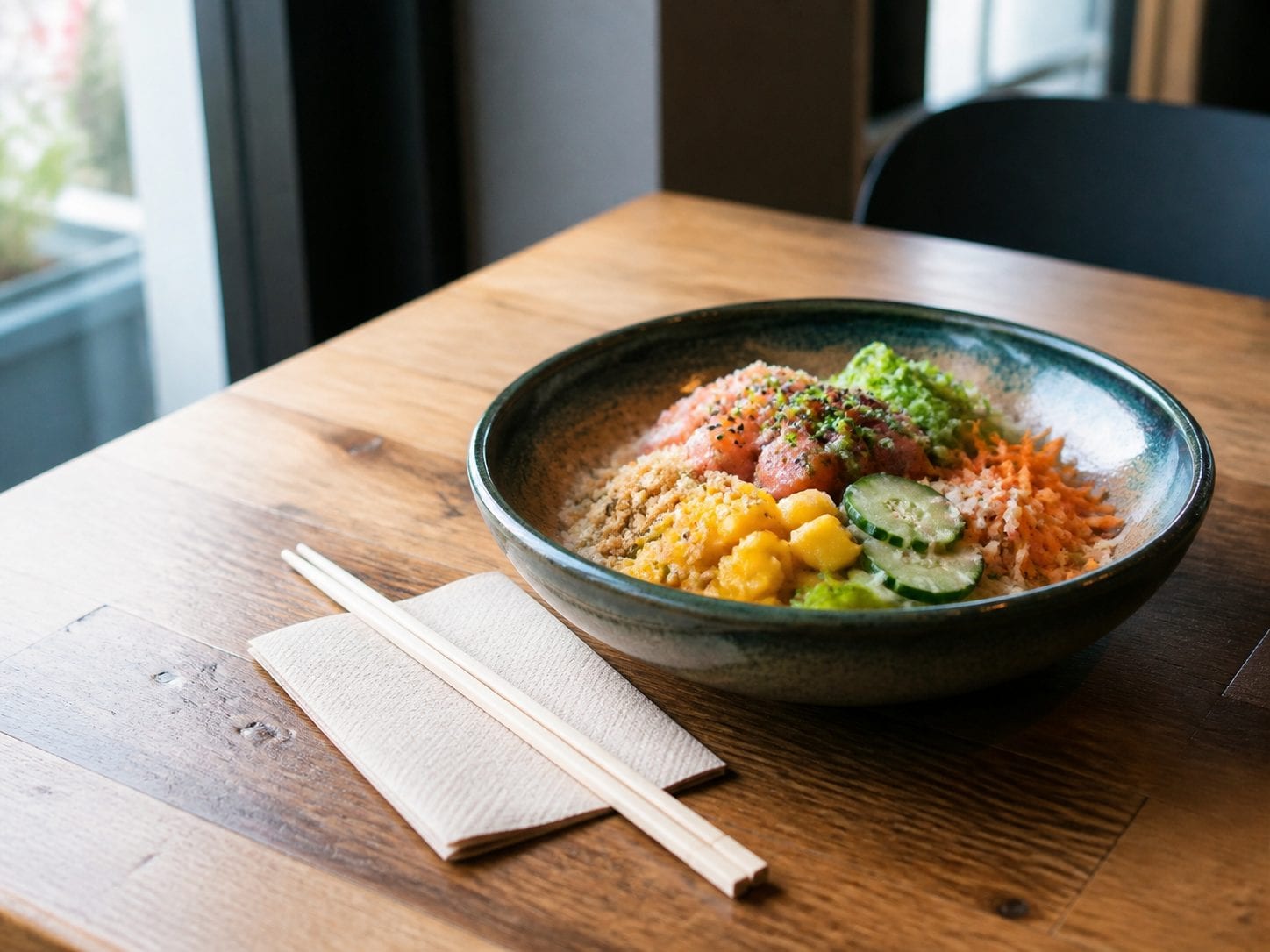 Poke bowl on a wooden table with chopsticks