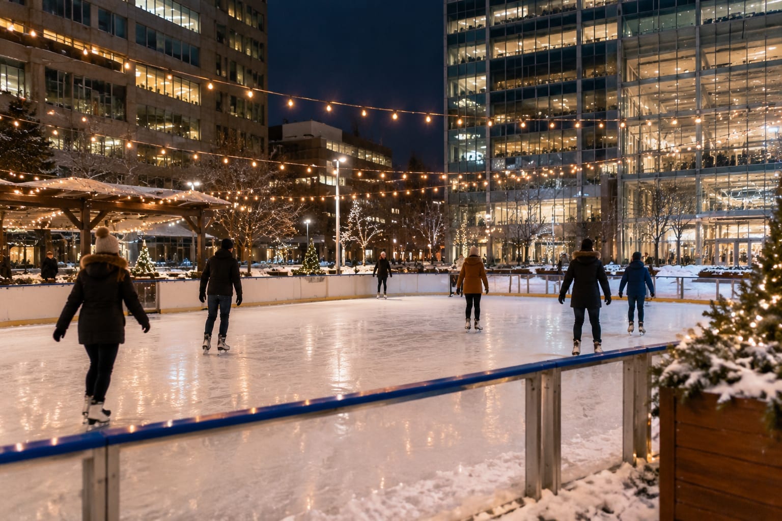Skaters circling a small refrigerated outdoor rink under string lights in a downtown plaza at night