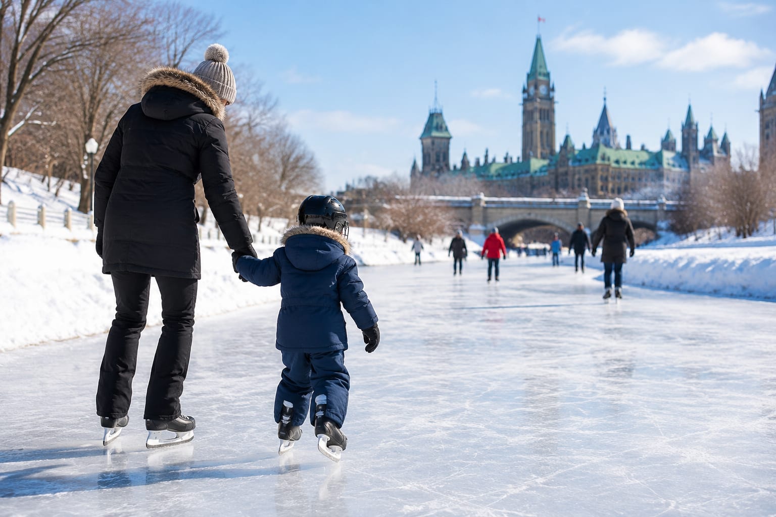 A parent skating beside a small child in a snowsuit and helmet on a wide frozen canal in Ottawa