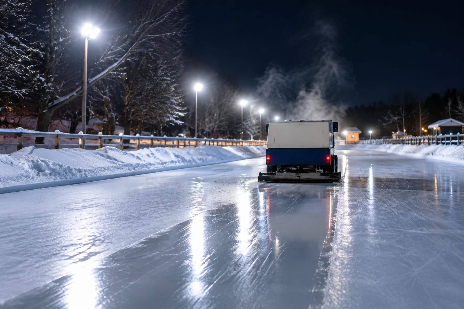 A small ice resurfacing machine working on a floodlit frozen canal at night in winter