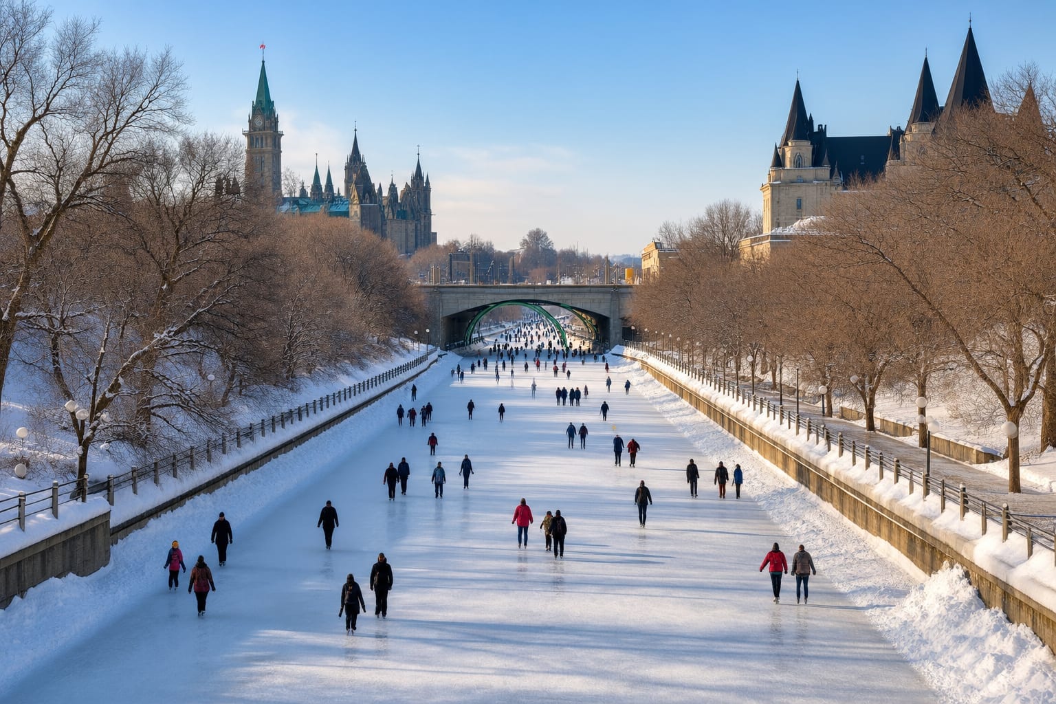 Long view of skaters spread along a wide frozen canal between snowbanks and bare trees in Ottawa