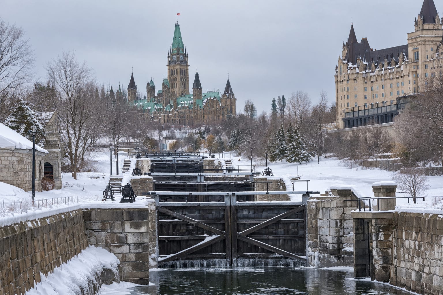 Old stone canal locks beside a heritage hotel and Parliament buildings in snowy downtown Ottawa