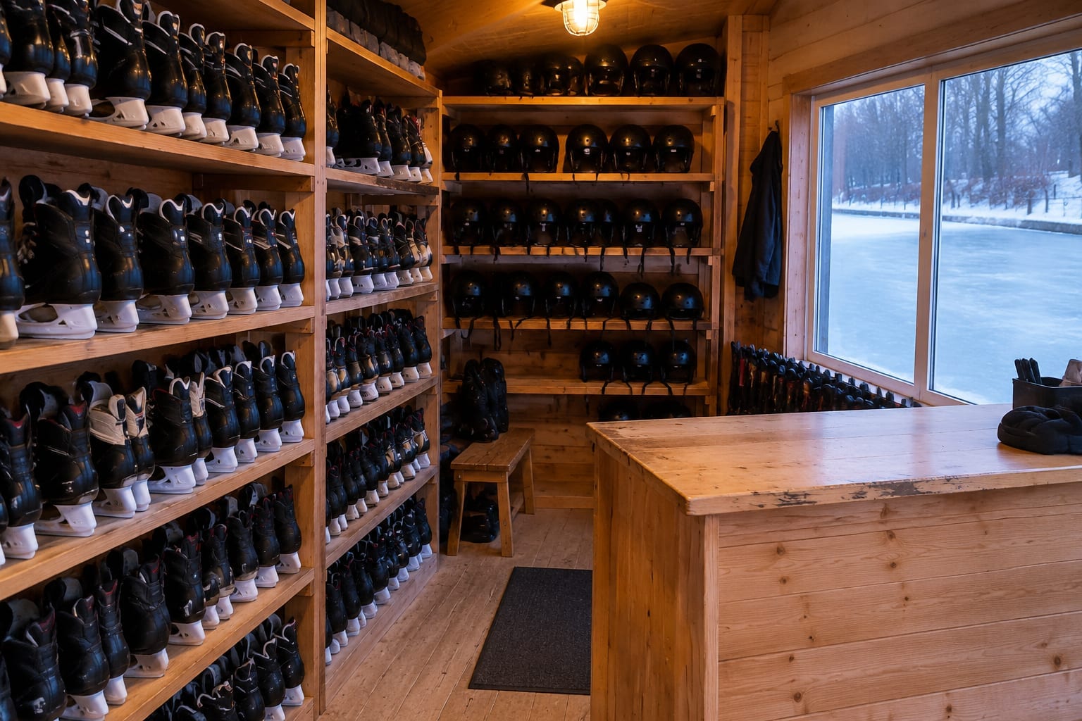 Rows of rental hockey skates and helmets on shelves inside a small winter rental hut