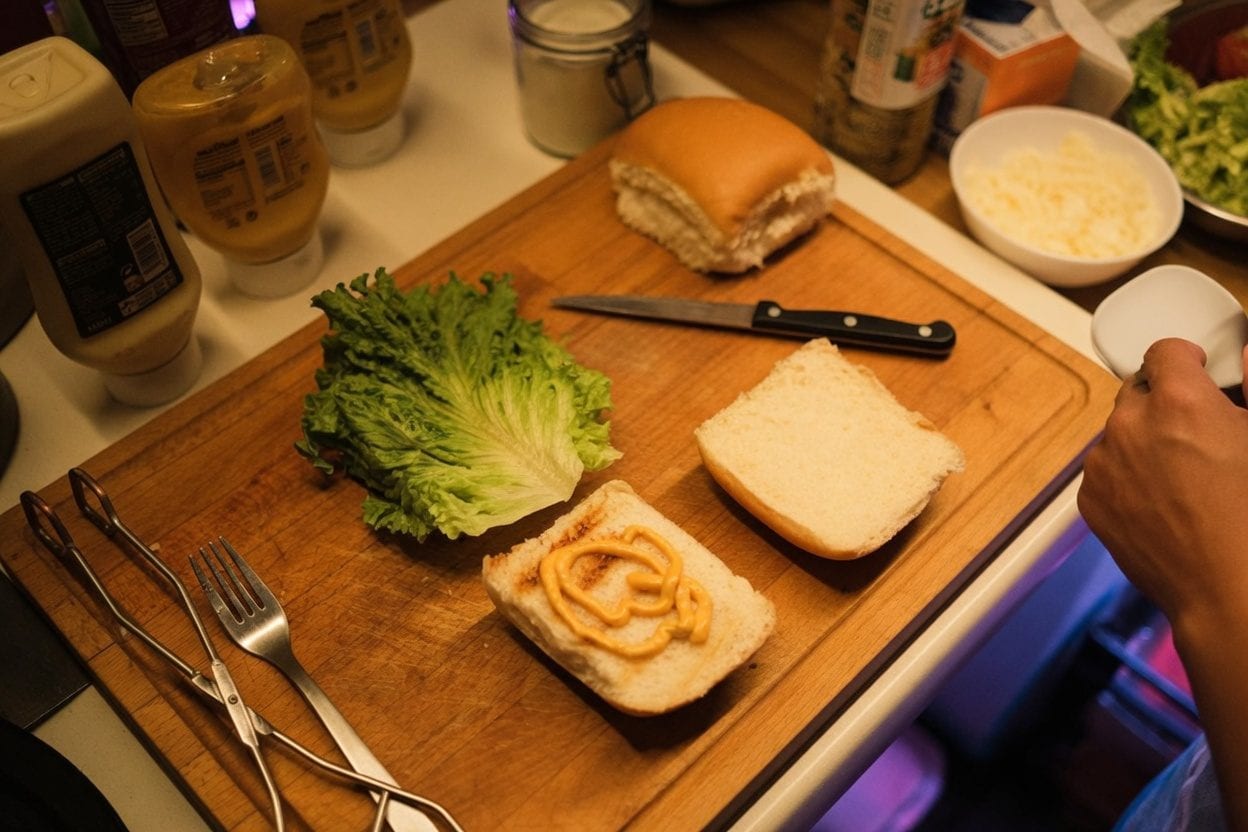 Sandwiches lined up on a counter