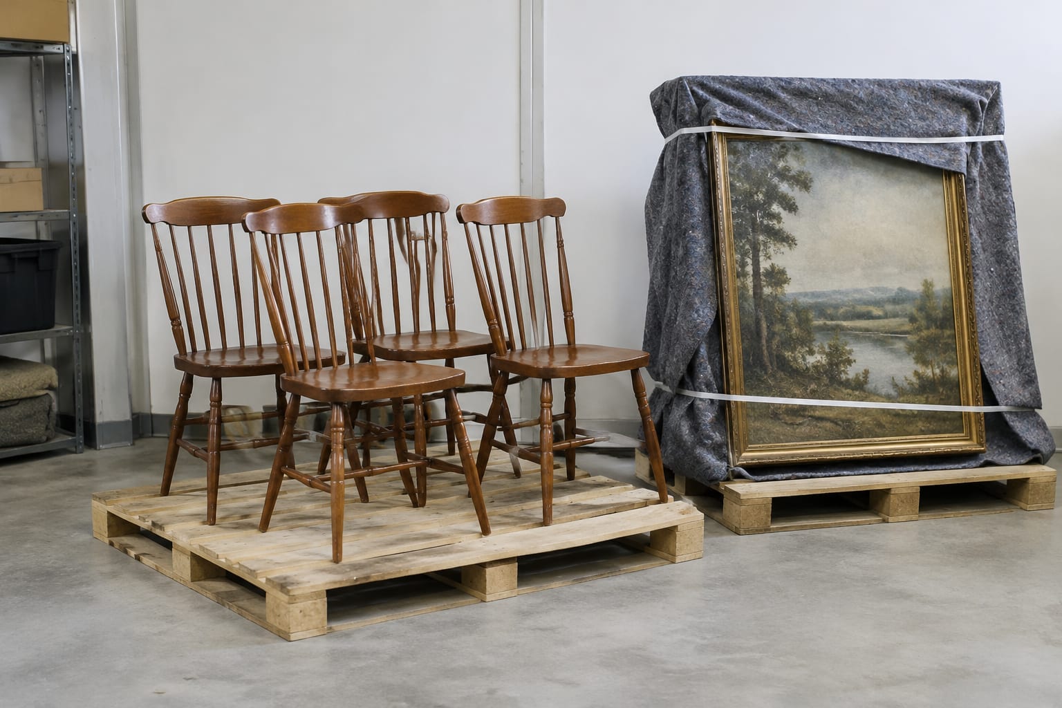 Wooden dining chairs and a wrapped painting resting on pallets inside a clean storage room