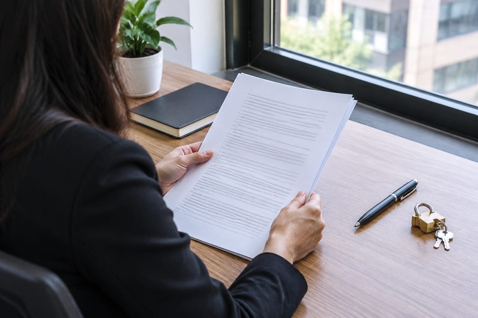 A person reading a printed rental agreement with a pen and keys beside it