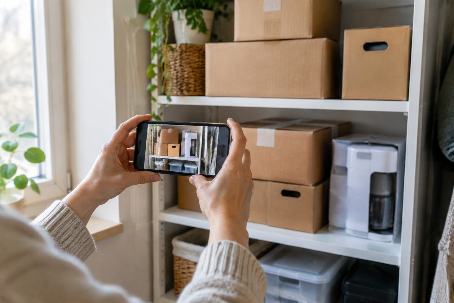 A person photographing boxed kitchen items on a shelf to make a home inventory