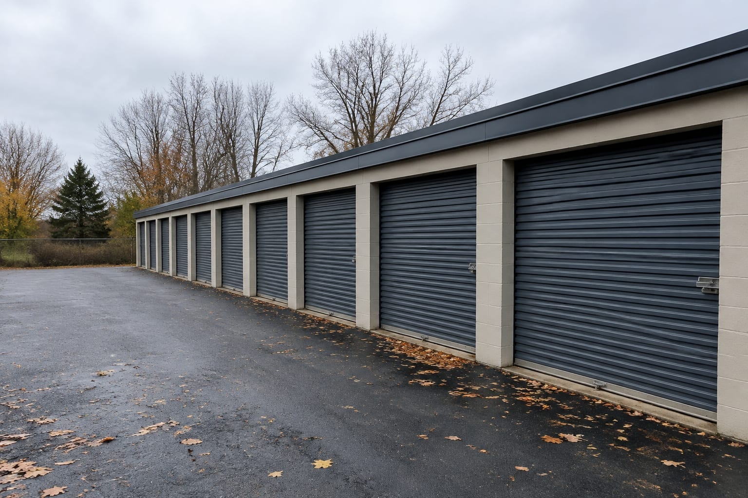 A row of closed roll-up doors on a storage building on an overcast autumn day