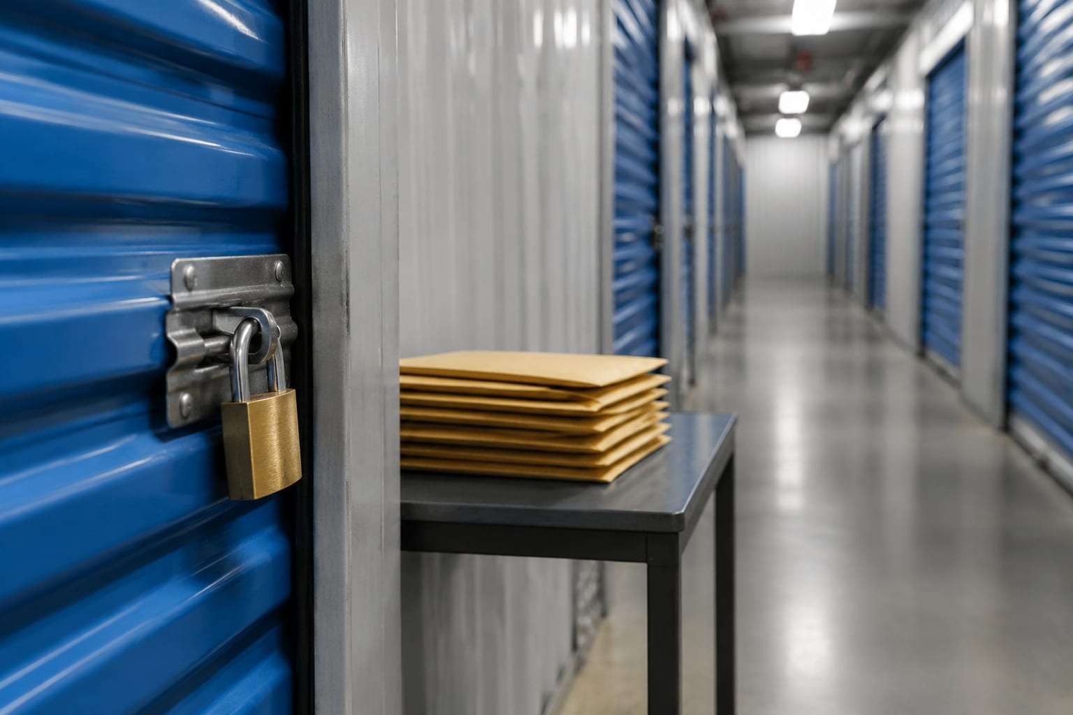A closed padlock on a roll-up storage door with envelopes on a nearby table