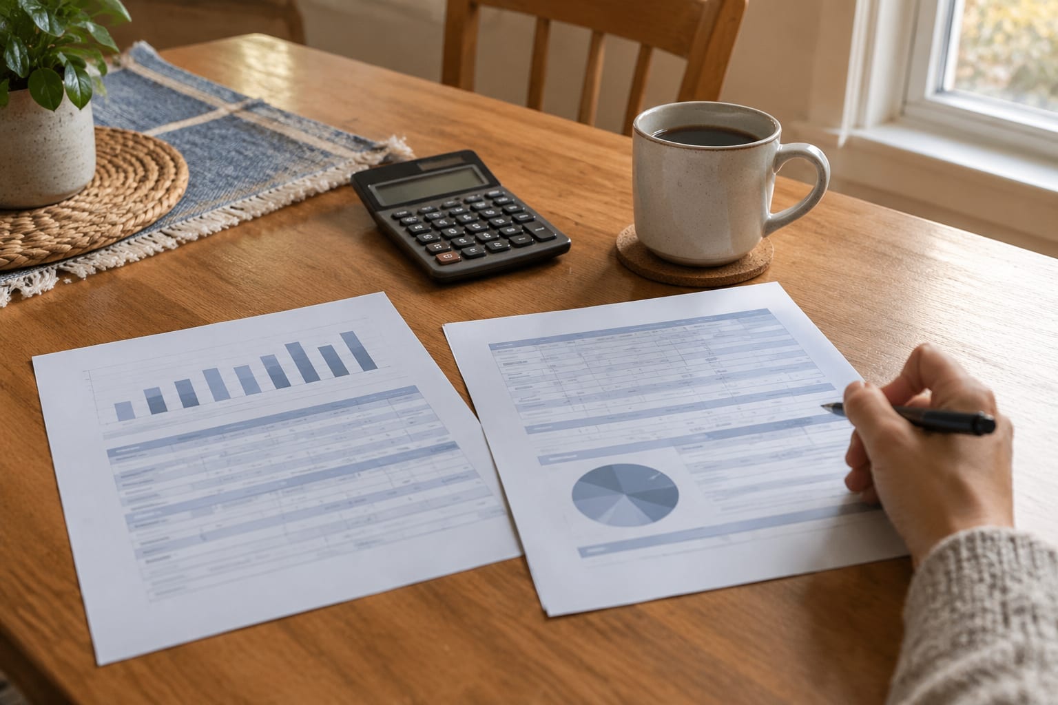 A person comparing two printed rental quotes with a calculator on a kitchen table