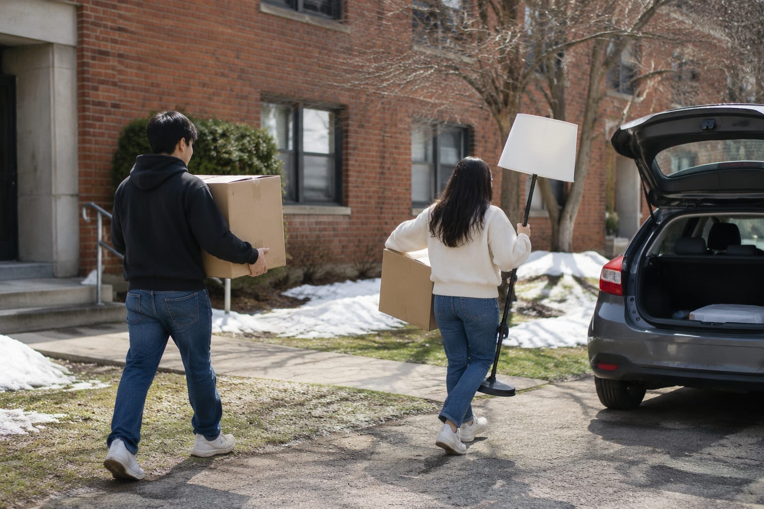 Students carrying boxes and a lamp from a brick residence building to a parked hatchback