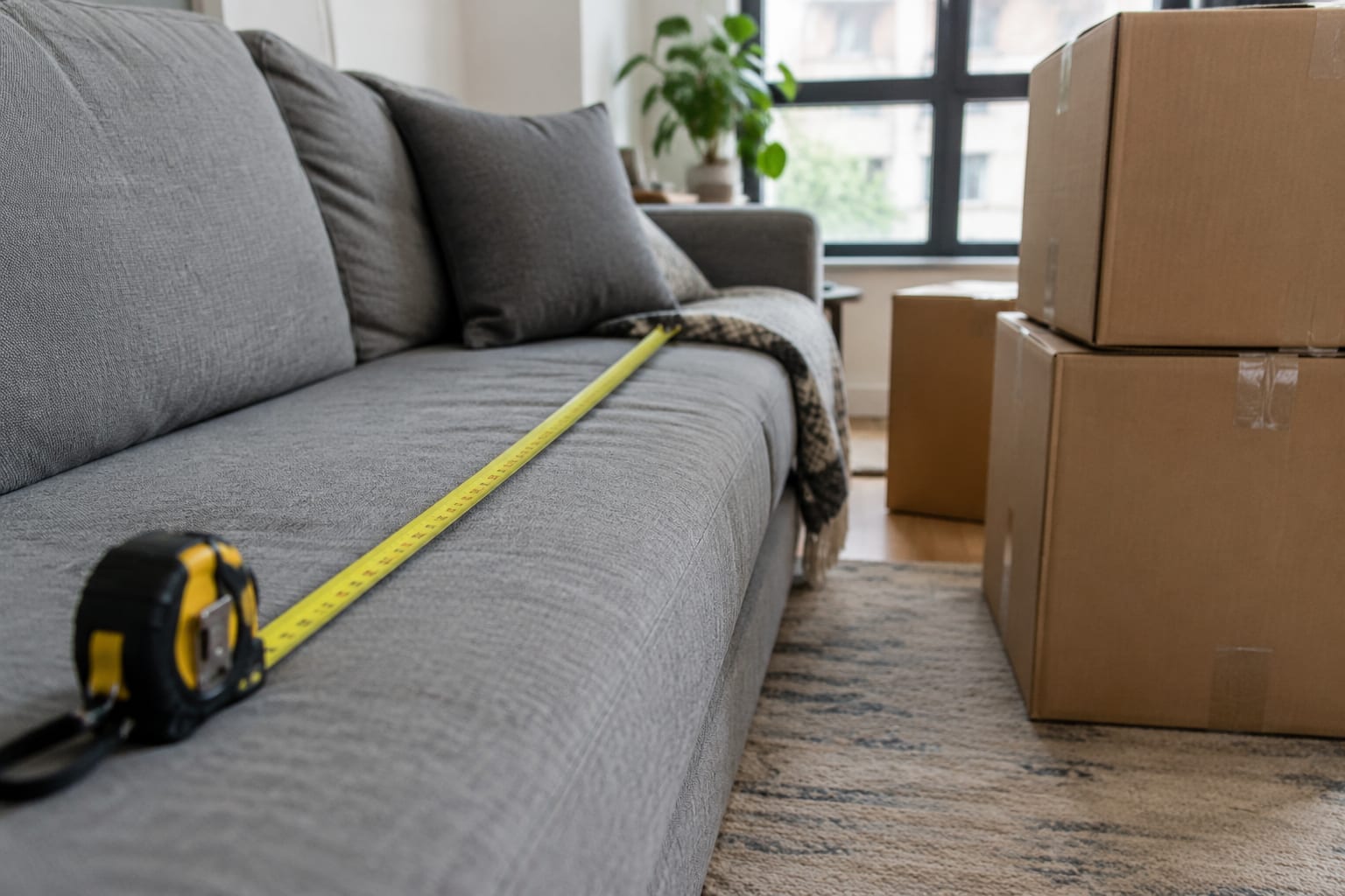 A tape measure across a sofa beside stacked cardboard boxes before a move