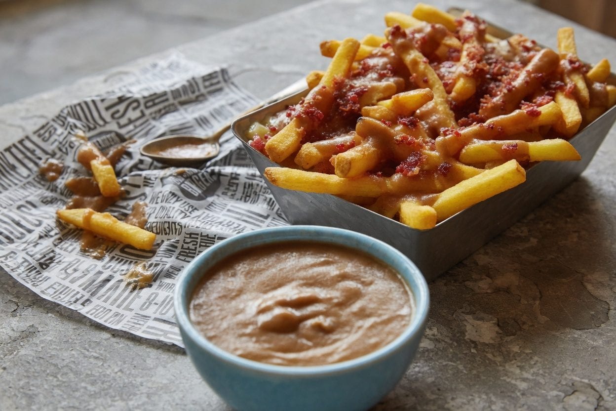 Bacon poutine with cheese curds and gravy