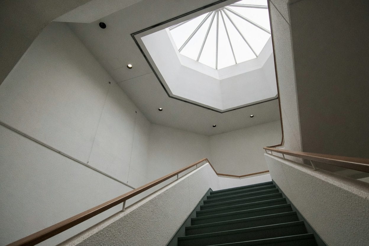 Modern museum interior with skylight.