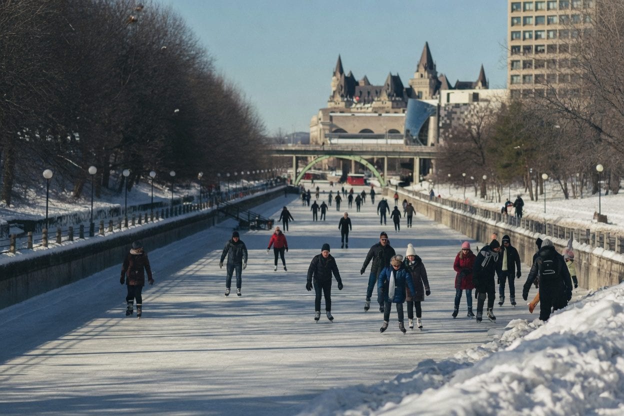 Ottawa skyline and canal in winter.