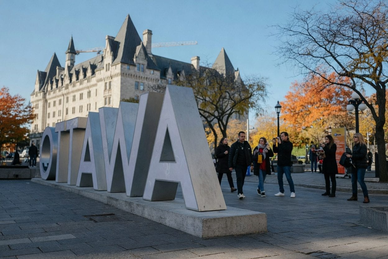 Ottawa sign in front of city buildings.