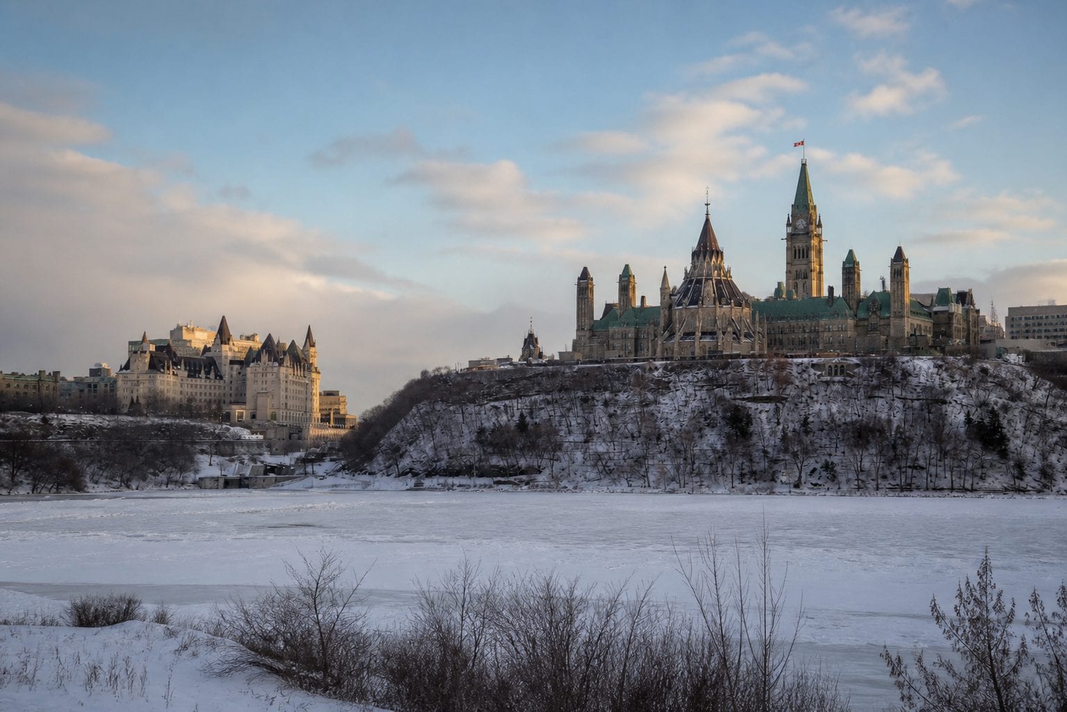 Parliament Hill in the snow.
