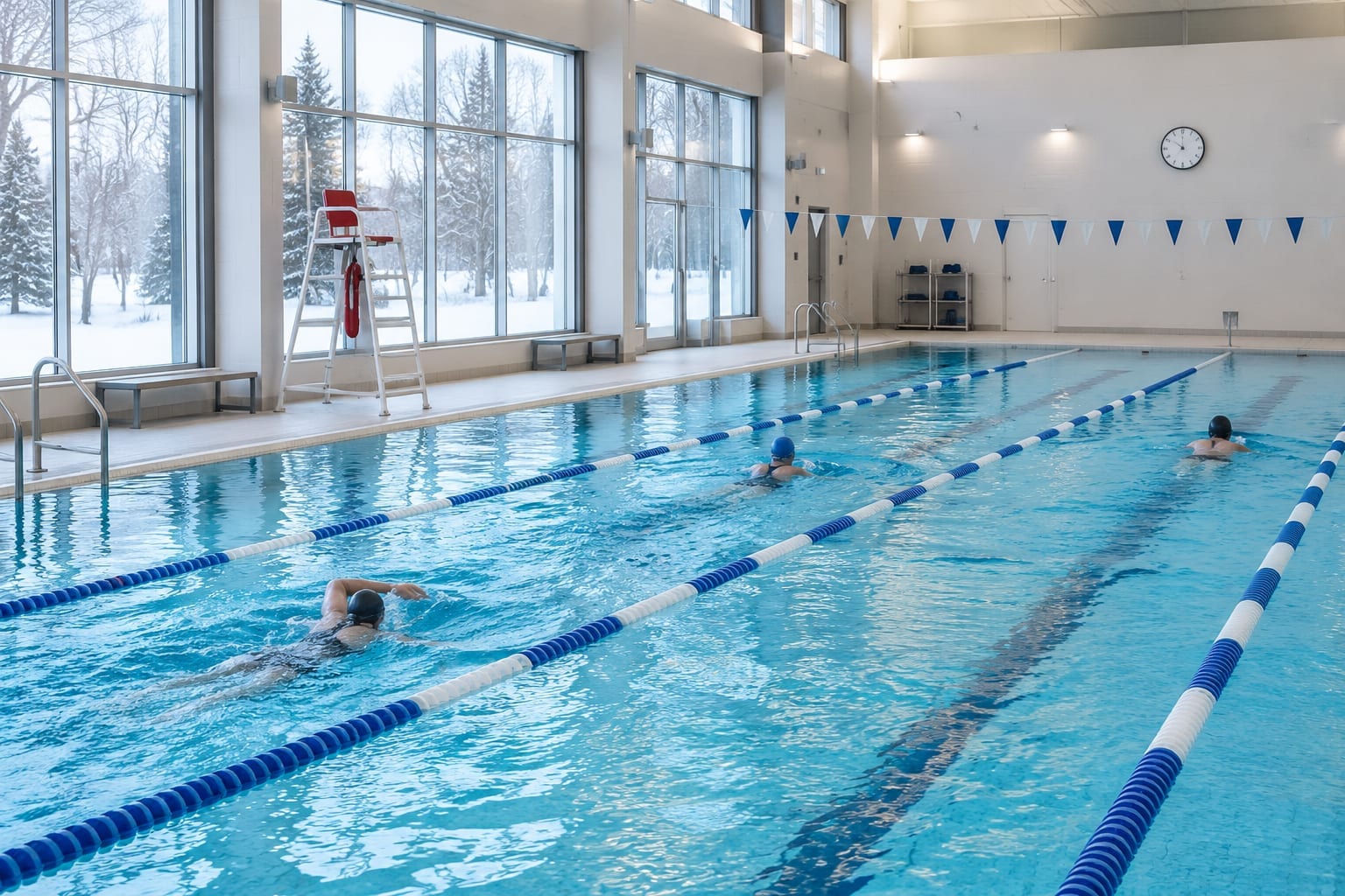 Swimmers doing laps in a bright indoor public pool with lane ropes in Ottawa