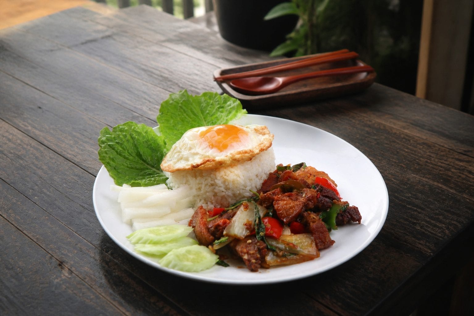 Thai food spread on a table