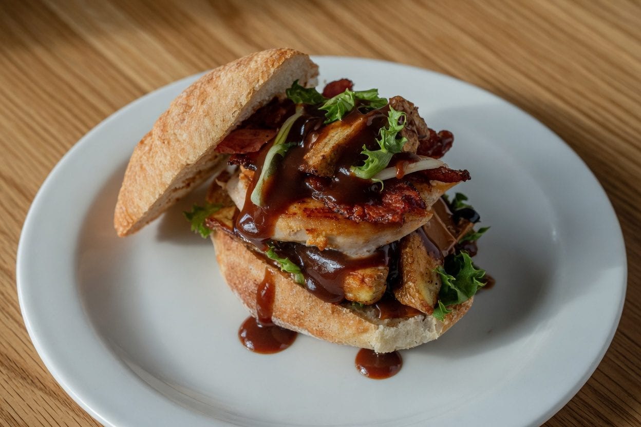 Gourmet burger with fresh toppings and artisan bun on a wooden board
