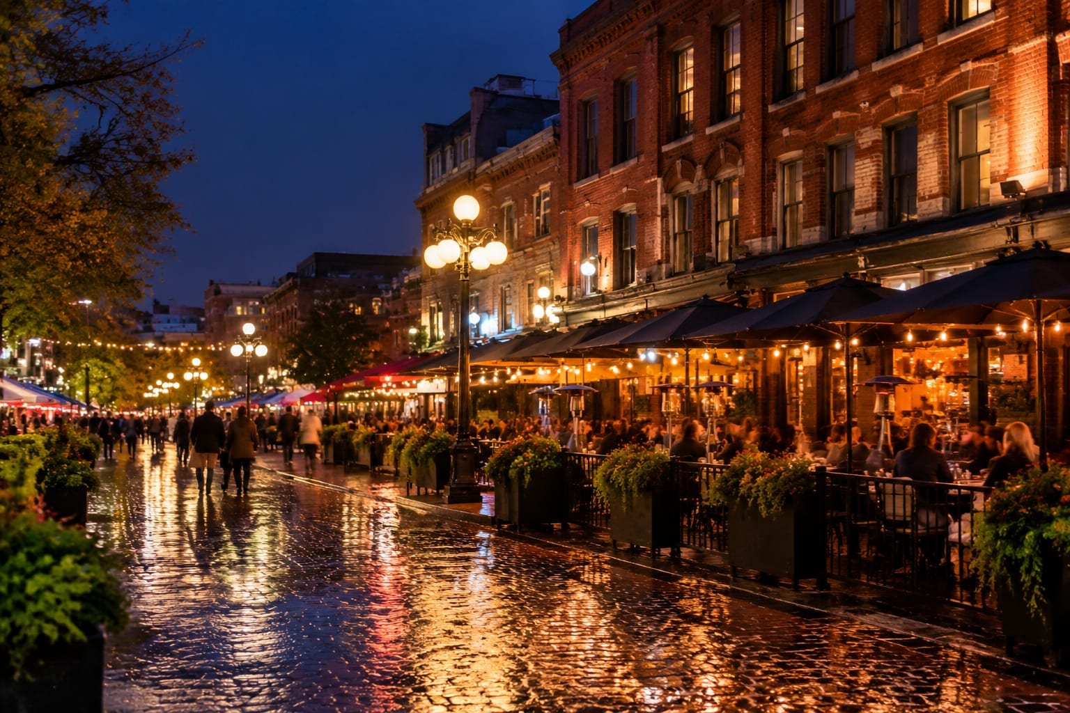 ByWard Market streets glowing at night with patios and people strolling