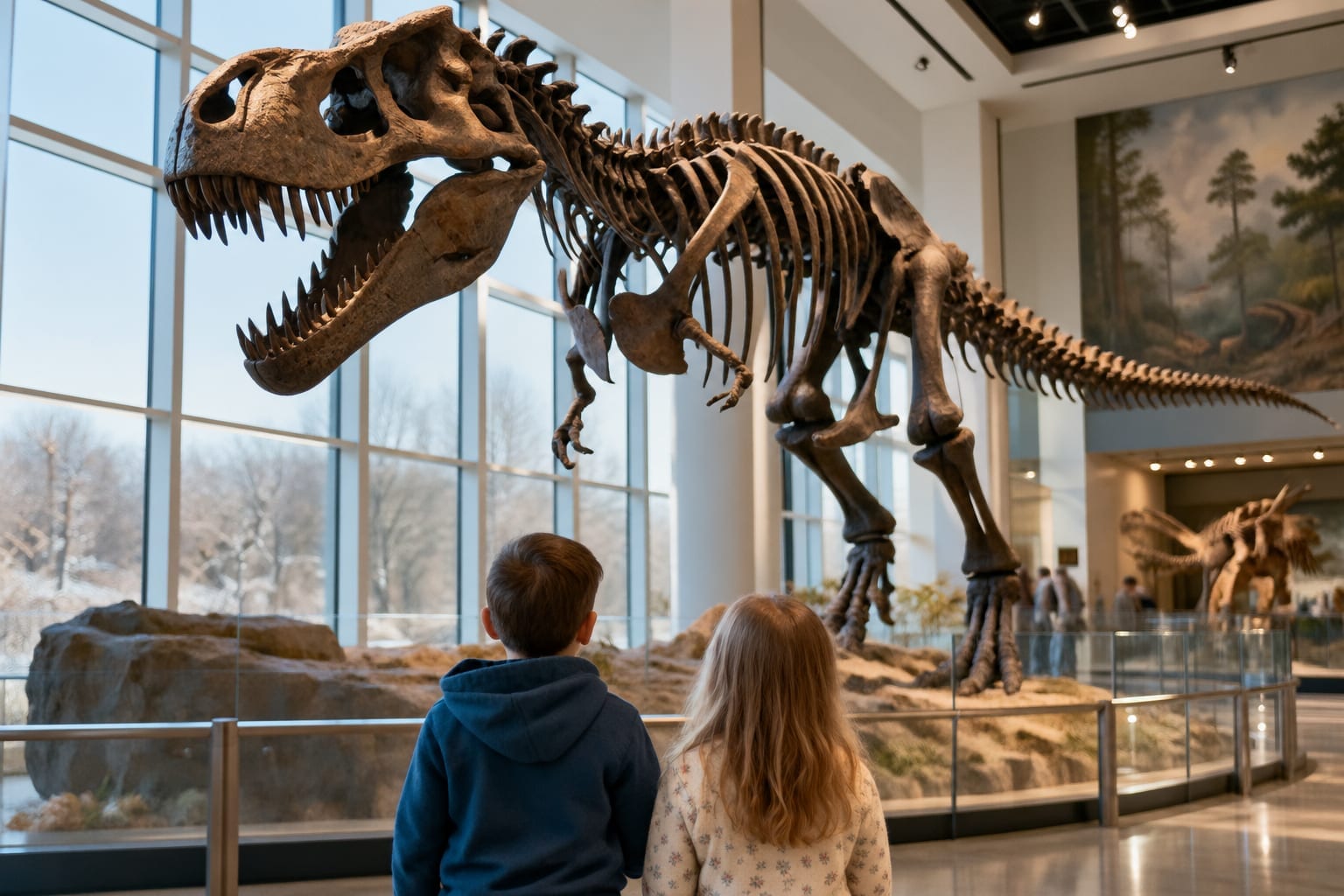 Children looking up at a large dinosaur skeleton in a museum gallery