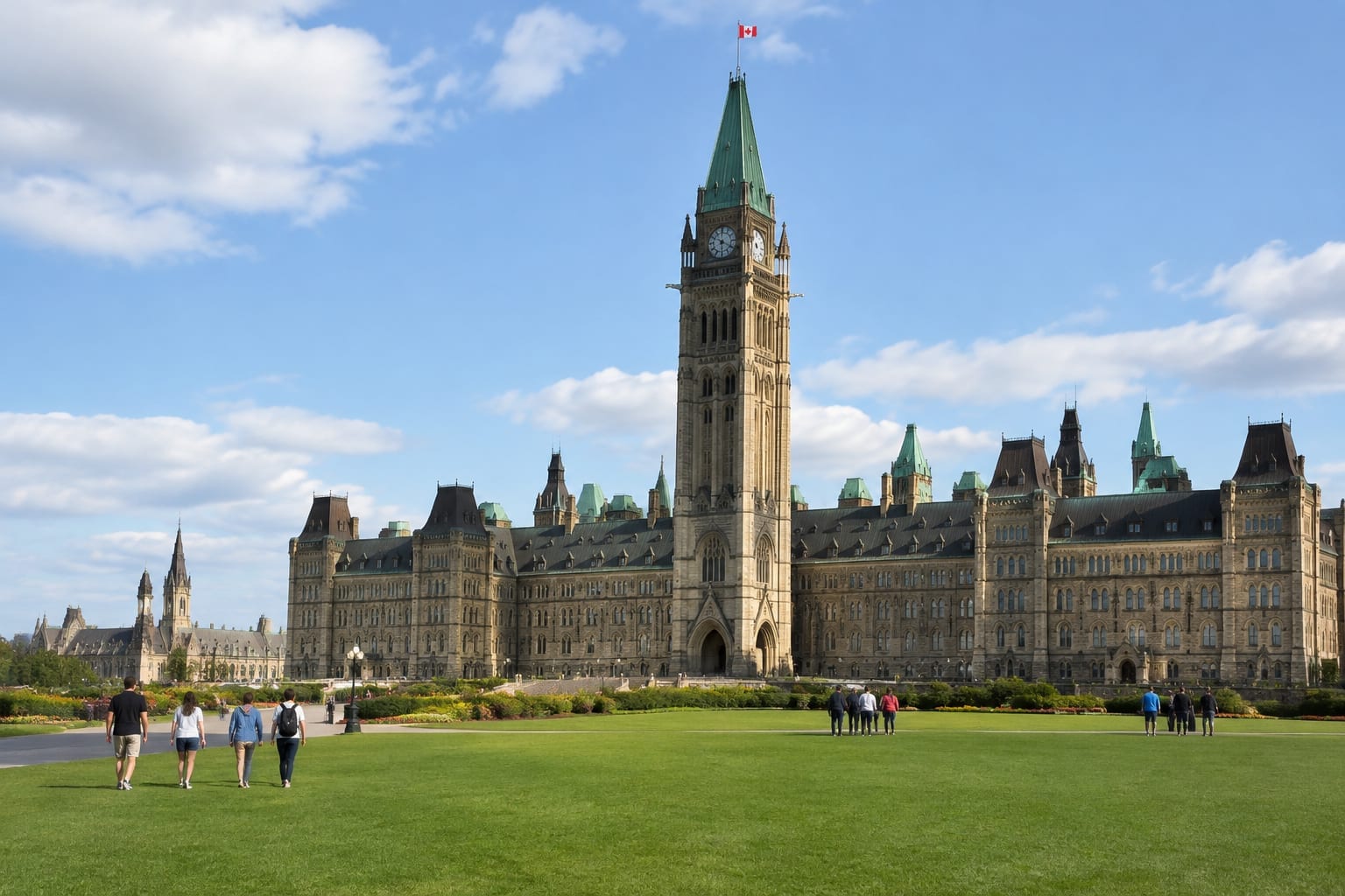Visitors crossing the front lawn of Parliament Hill toward the Gothic Revival buildings