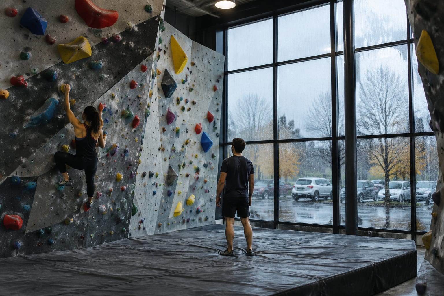 Climbers on colourful holds at an indoor bouldering gym on a rainy Ottawa day