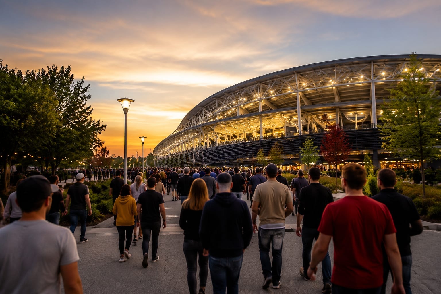 Evening crowd walking toward a lit downtown stadium for a weekend game in Ottawa