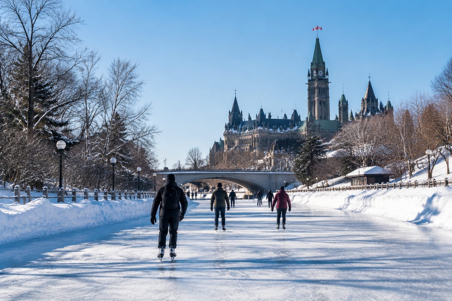 Skaters gliding along the frozen Rideau Canal Skateway on a sunny winter day
