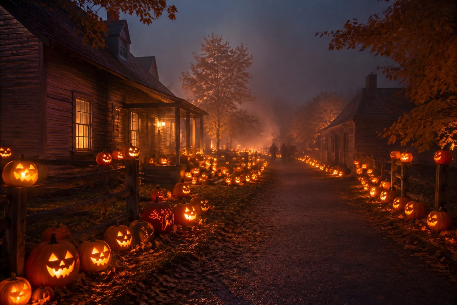 Hundreds of carved glowing pumpkins lining a historic village path at night