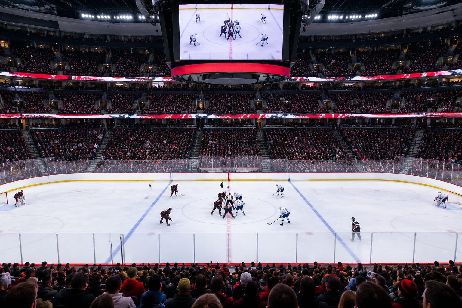 Hockey players facing off under arena lights in front of a full crowd